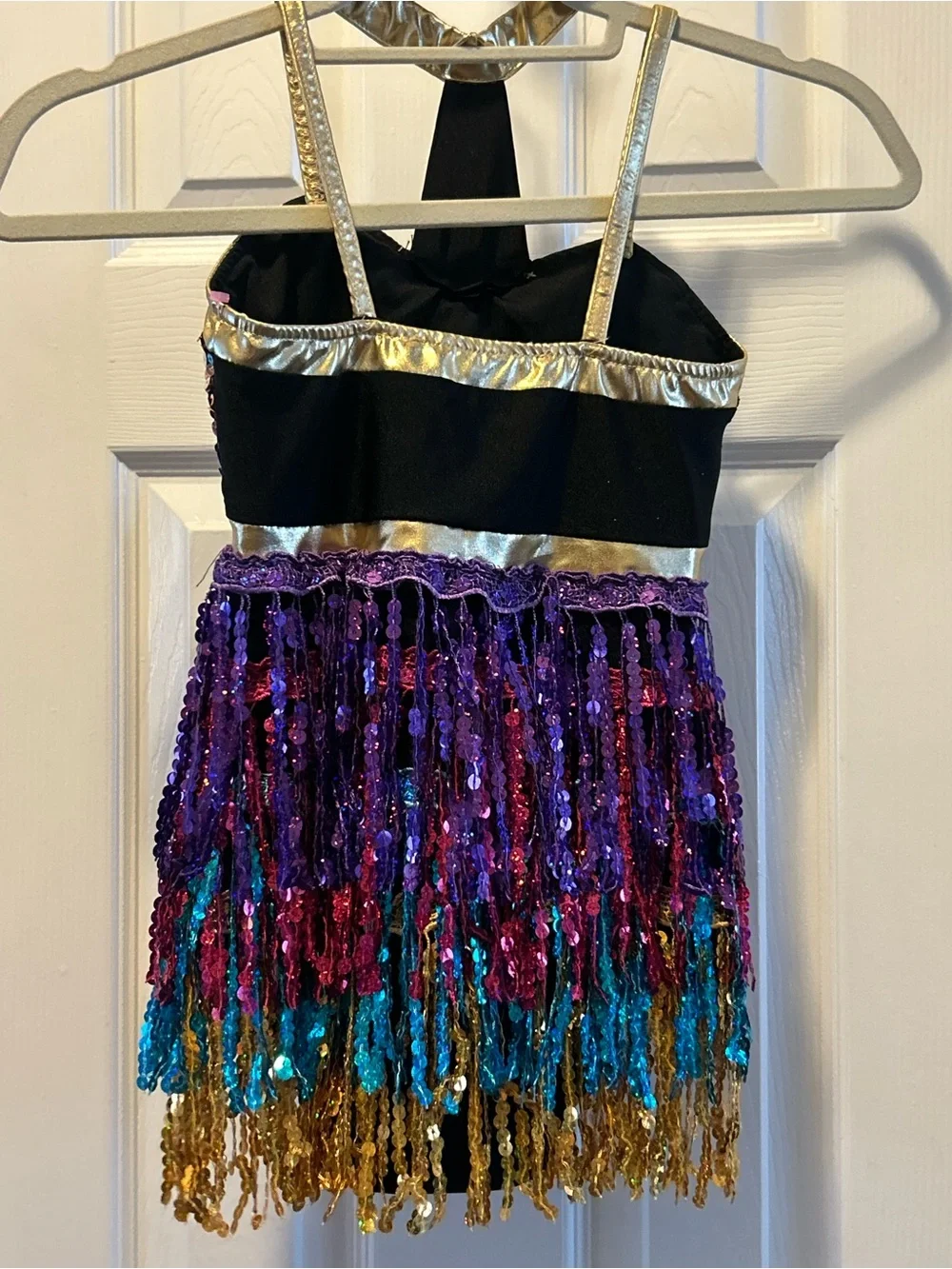 Multicolor Sequin Fringe Kids One-Piece Bodysuit with Gold Trim